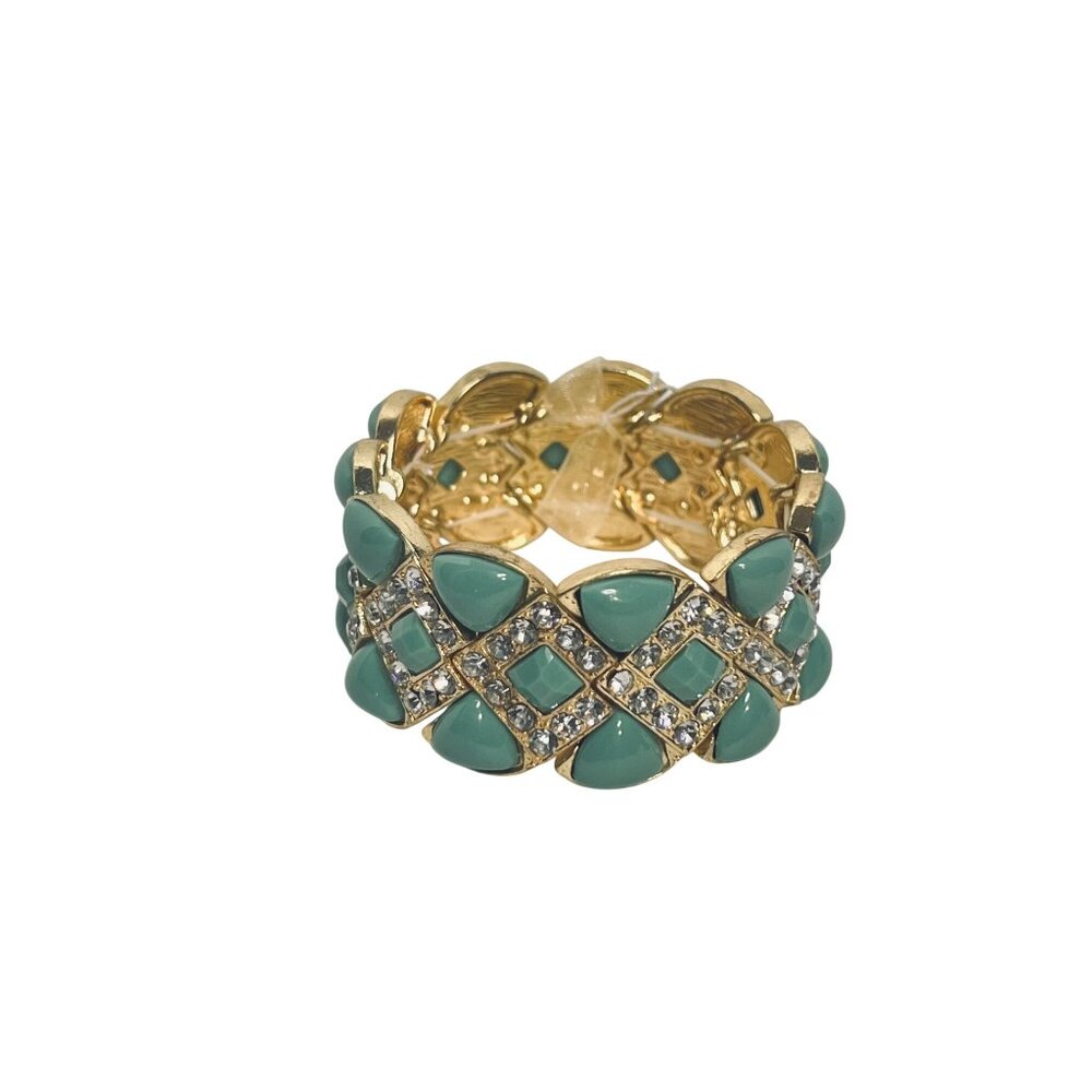 Gold Tone, Clear Rhinestones And Aqua Blue Cabochons Bracelet (6240) - Picture 3 of 5